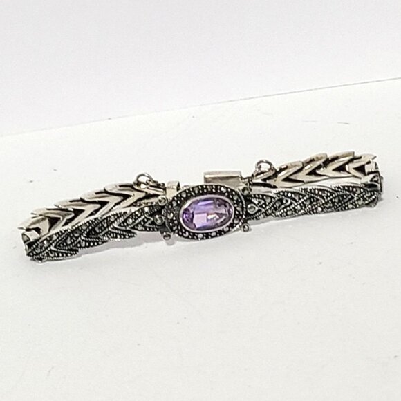 Vintage Art Deco Sterling Silver Purple Amethyst Marcasite Crystal Bracelet - Picture 4 of 15